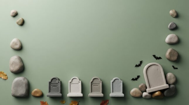 Mini gravestones with bats and rocks on green background