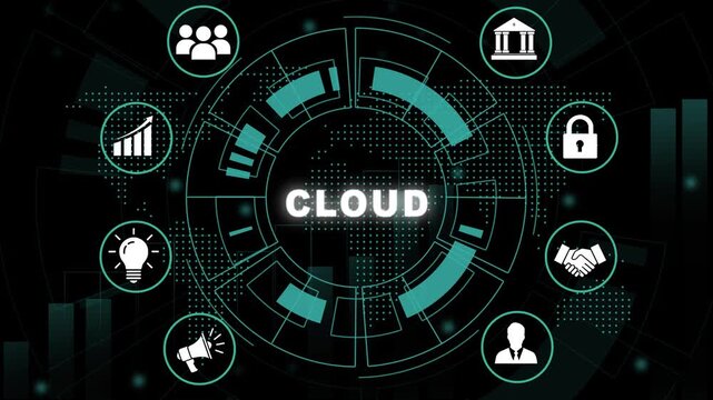 Advanced cloud computing technology concept with rotating digital interface, global network connectivity data security analytics, and futuristic cyber infrastructure visualization for modern