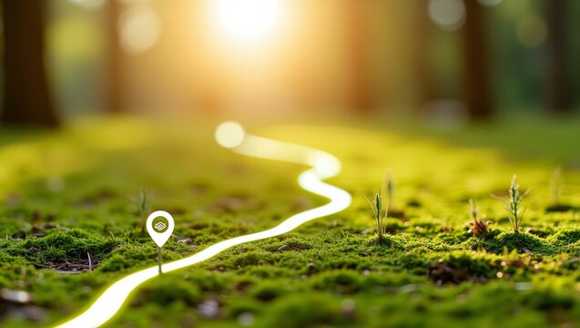 Glowing path on mossy forest floor guiding towards a house icon, symbolizing a journey to environmental sustainability and a greener future