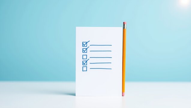 Checklist concept showing tasks and goals with completed items and a pencil on a minimal blue background