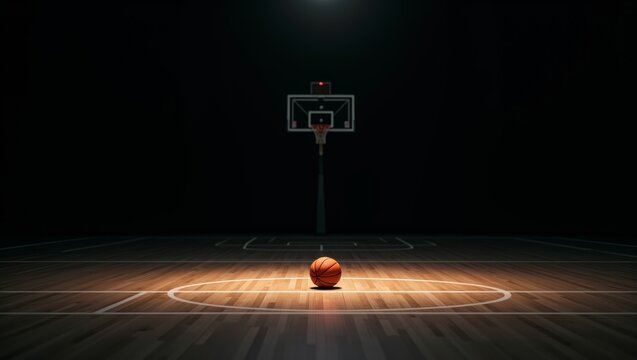 Basketball resting on dark court under spotlight, symbolizing challenge, focus, and passion for the game at night