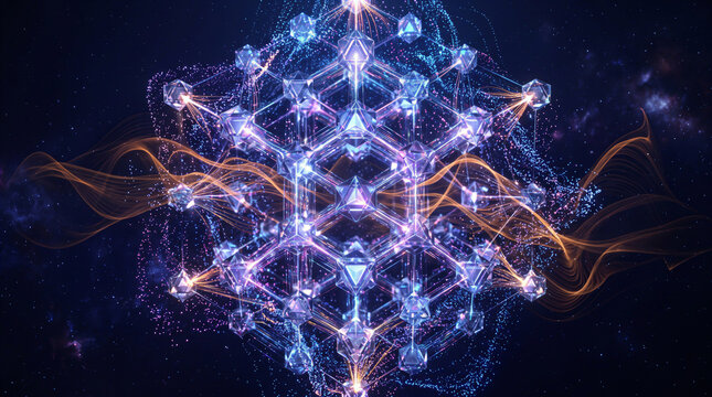 ​Complex crystal lattice hypercube structure with glowing nodes and cosmic particle waves