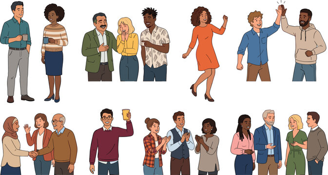 Diverse Group of Happy People Vector Character Set Greeting Shaking Hands Clapping Giving High Fives and Talking for Community and Social Gathering Graphic Designs