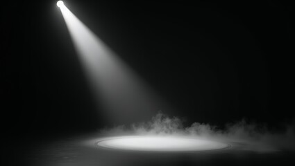 Fototapeta premium Empty theatrical stage with a single spotlight illuminating a performance platform and dramatic smoke