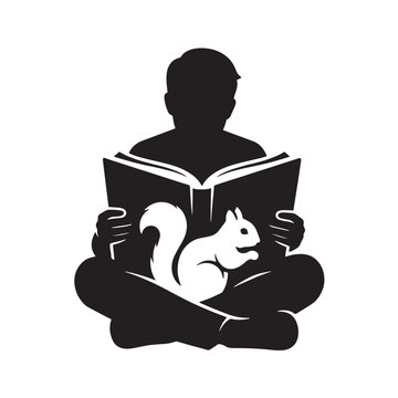 Person reading book with cute squirrel vector illustration