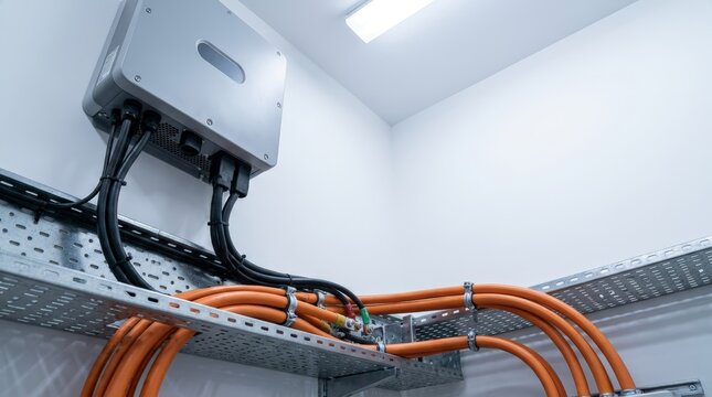 Industrial Solar Power Inverter and High Voltage Electrical Cable Management System with Heavy Duty Wiring in Control Room