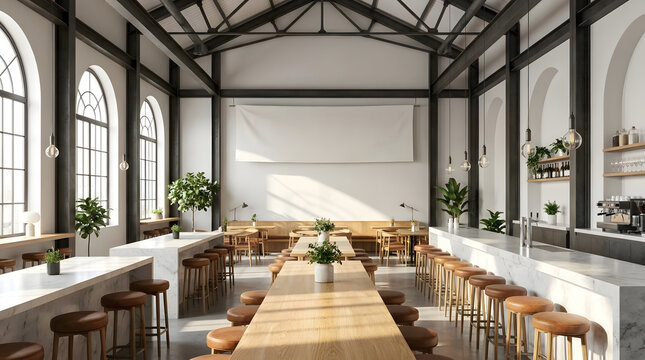 Modern industrial cafe interior with long wooden tables.