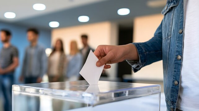 Hand casting a paper ballot into a clear acrylic voting box