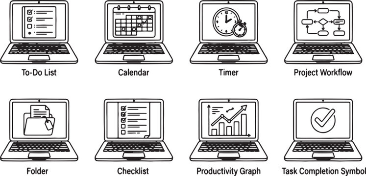 Laptop icons for productivity and workflow management are displayed with descriptive text labels in a minimalist style.