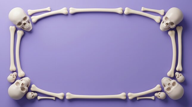 Spooky halloween border featuring realistic 3d skulls and bones on a purple background