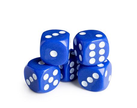 Many blue game dices on white background