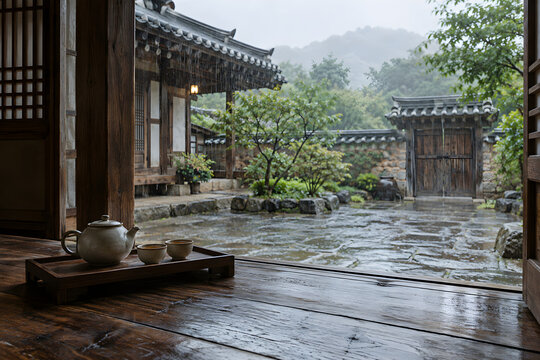 Tea set at a hanok threshold overlooking a rainy courtyard