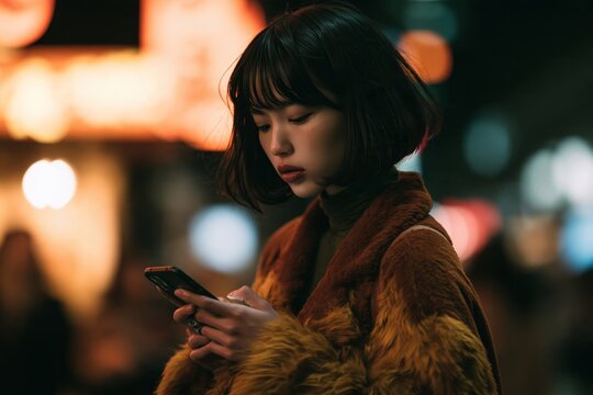 Young asian woman looking down at her smartphone while walking outside at night in city