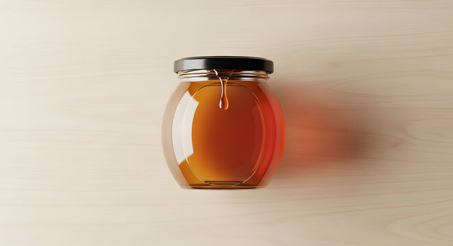 Close-Up of a Glass Jar Filled with Golden Honey on a Light Wooden Surface