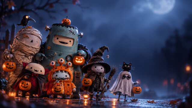Cute Halloween monsters in costumes with pumpkin baskets under a full moon, illustration with copy space