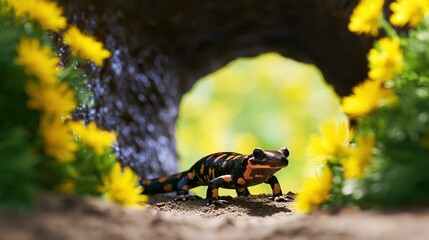 Fototapeta premium Fire Salamander With Yellow Flowers In Natural Outdoor Setting