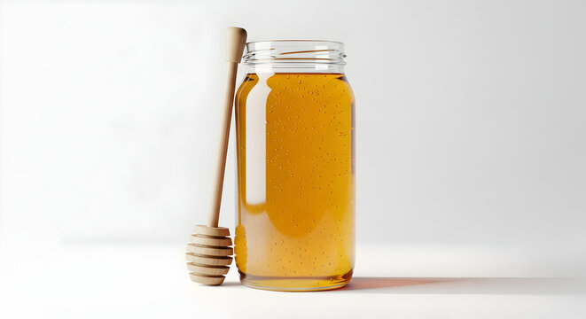Glass Jar of Golden Honey with Wooden Spoon in Sunlit Kitchen Environment Highlighting Natural Sweetness and Culinary Versatility
