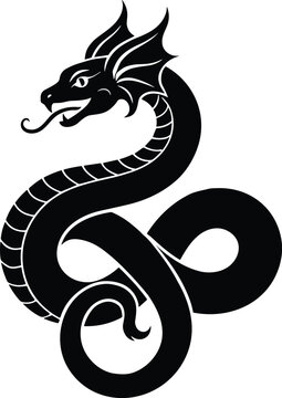 Black solid flat vector silhouette of a mythological coiled sea serpent dragon for fantasy graphic design projects