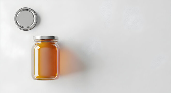 Transparent Glass Jar of Golden Honey on a Bright White Surface with a Metal Lid and Soft Shadow Cast by the Jar in a Minimalist Kitchen Setting