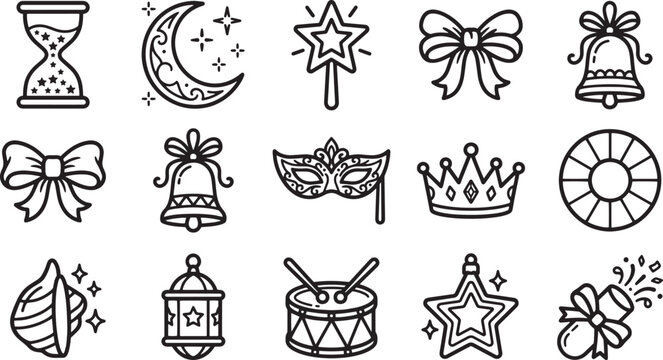 New Year Line Icon Set with Hourglass Crescent Moon Bow Bell Masquerade Mask Crown Lantern Drum and Party Popper Vector
