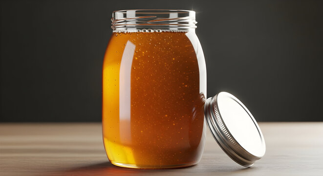 Golden Honey Jar with Shiny Lid Positioned on a Wooden Surface Against a Dark Background Highlighting Natural Sweetness and Organic Appeal