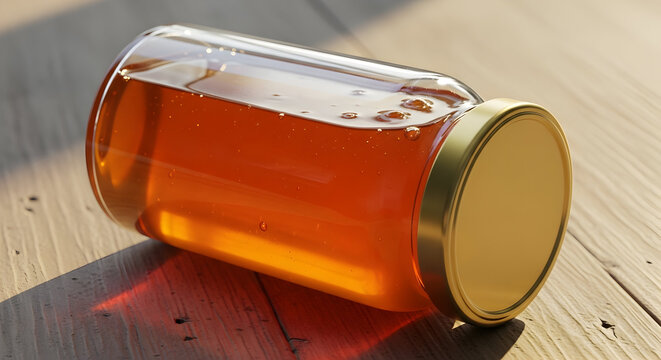 Closeup Of A Spilled Jar Of Golden Honey On A Wooden Surface Bathed In Natural Sunlight