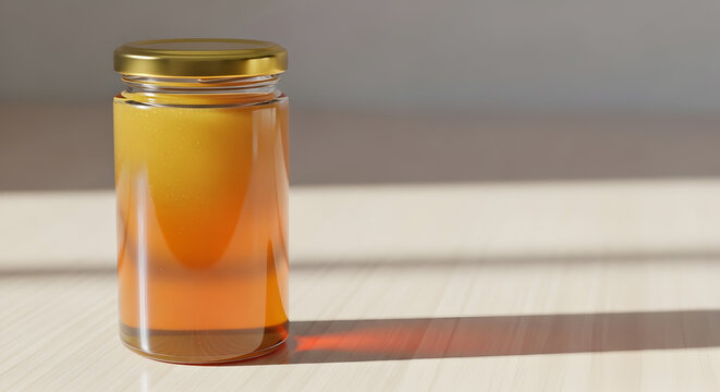 Jar Of Golden Honey On A Wooden Table Bathed In Sunlight Casting A Soft Shadow