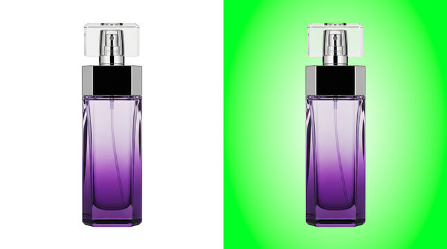 Elegant purple perfume bottle with spray cap on green background