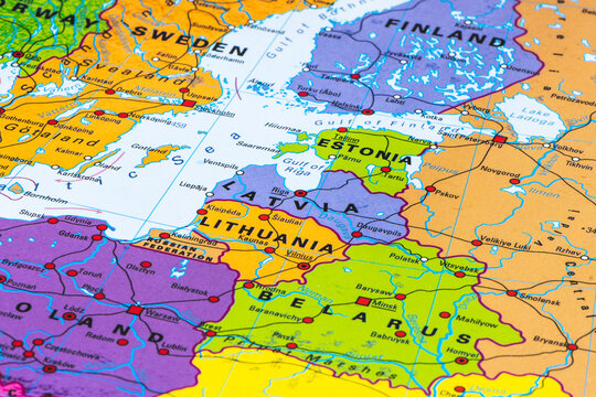 Political map of Northeastern Europe centered on the Baltic states, Lithuania, Latvia and Estonia, and immediately adjacent territories such as Belarus, Poland and the Baltic Sea