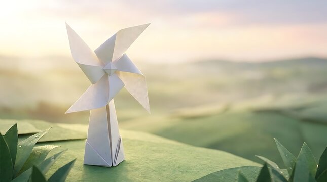 White paper origami windmill standing in crafted landscape.
