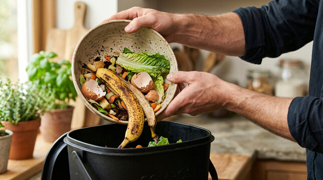 Person dumping food scraps into a kitchen compost bin for recycling.