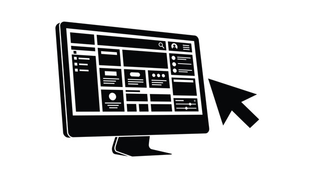 Computer monitor screen wireframe layout icon with mouse cursor