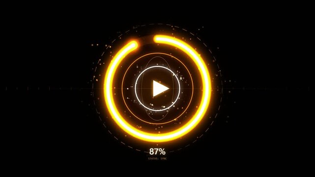 Abstract digital loading circle with play button icon and data synchronization progress