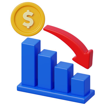 3d bar chart with dollar coin and downward arrow for financial decline business analysis money loss