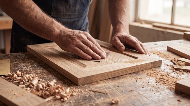 Skilled artisan woodworker hands sanding a timber panel on a workbench covered in sawdust, showcasing traditional joinery and finishing techniques