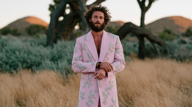 Bearded man in pink floral coat standing in grassy field for fashion portrait and boho editorial background