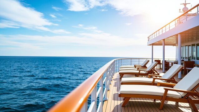 Cruise ship deck with lounge chairs overlooking the open blue ocean under a sunny sky, symbolizing luxury travel