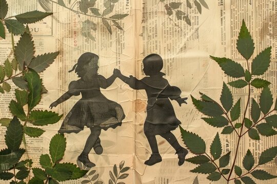 Children dancing ephemera border drawing plant herbs.