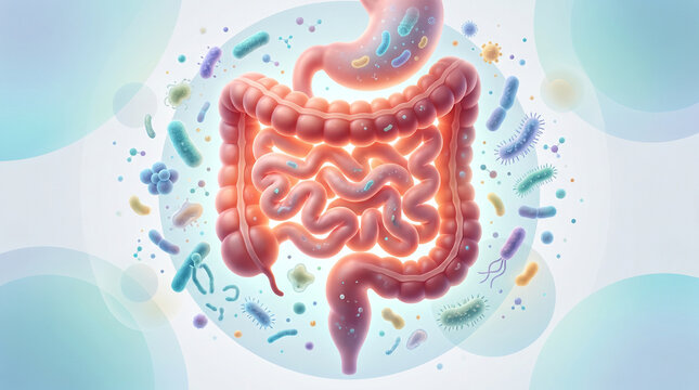 Healthy gut microbiome illustration depicting immune system boost  