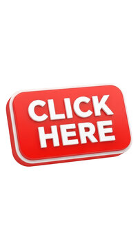 Red click here button with 3D effect, glossy call to action web element, vibrant plastic interface icon for digital marketing and website navigation