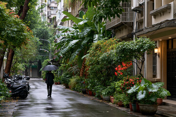 Obraz premium Rainy urban alley lifestyle in Taipei Taiwan