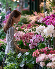 Obraz premium Woman choosing flowers at Taipei plant market