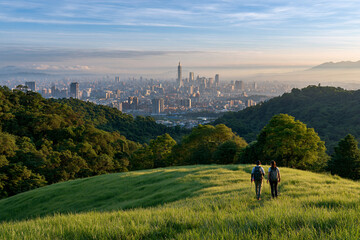 Obraz premium Hikers overlooking Taipei city in morning haze