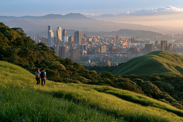 Obraz premium Hikers overlooking Taipei city in morning haze