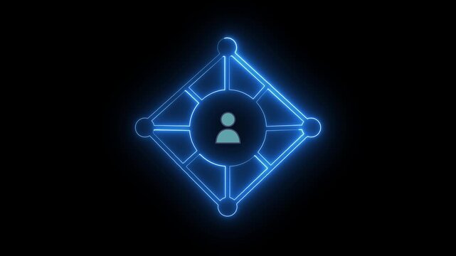 Network hub glowing in blue neon lines connects a central human avatar figure to four perimeter nodes, representing global connectivity, digital workforce management, and centralized communication.