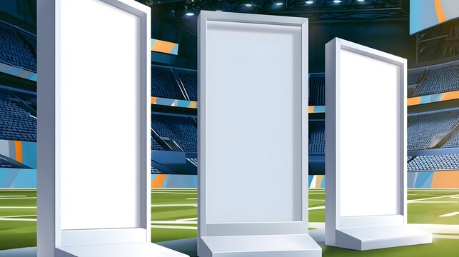 White blank lightboxes in an indoor sports stadium with green turf