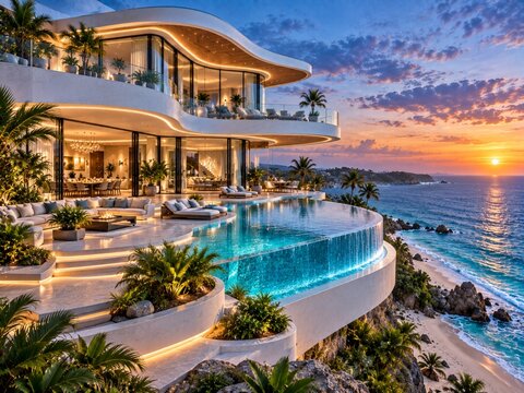 Futuristic Luxury Oceanfront Villa with Curved Infinity Pool at Sunset Untitled (2400 x 1800 px) - 1