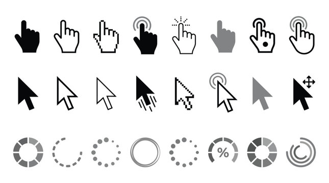 Minimalist vector graphic collection featuring various digital mouse cursors and loading spinner icons for web design