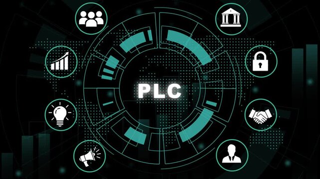 Dynamic plc programmable logic controller technology concept with animated digital hud interface, futuristic industrial automation data connectivity, and cyber security for modern industry