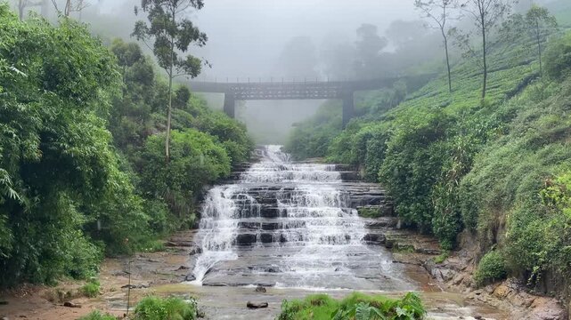 Nanu Oya Waterfall in Sri Lanka During Heavy Rain, Lush Mountain Waterfall with Clear Natural Rain and Flowing Water Sounds, Misty Tropical Highland Landscape